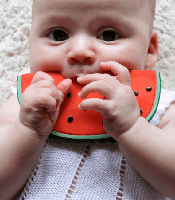 Wally the watermelon in babies mouth