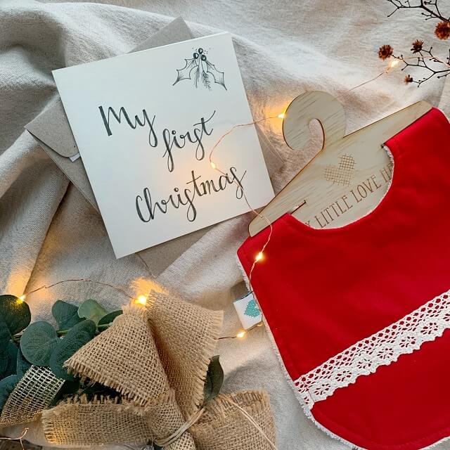 Boho Christmas bib in red with my first Christmas card