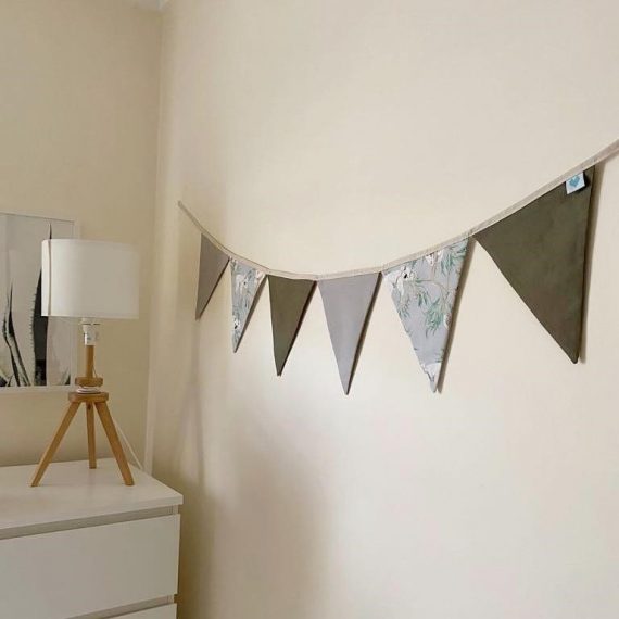 Bunting for nursery in grey, koala, and sage hanging