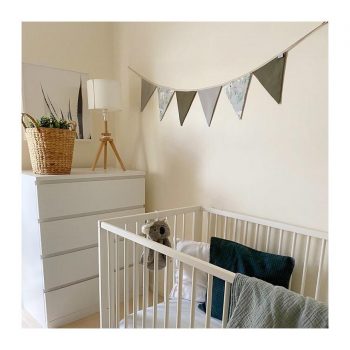 Bunting for nursery in grey, koala, and sage in room
