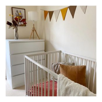 Mustard, Burnt Almond, and Oatmeal nursery bunting in room