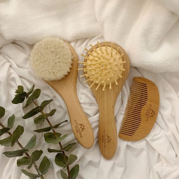 wooden baby brush and comb set open