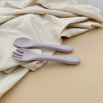 Silcione baby cutlery set lilac colour out of packaging