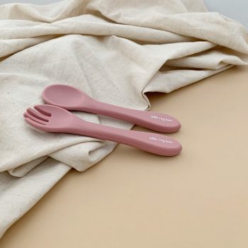 baby cutlery in rose colour out of packaging