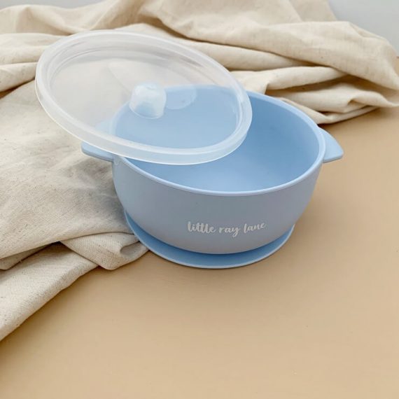 Bowl made from silicone with lid and suction cup in baby blue colour