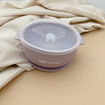 Lilac coloured silicone bowl with lid and suction cup