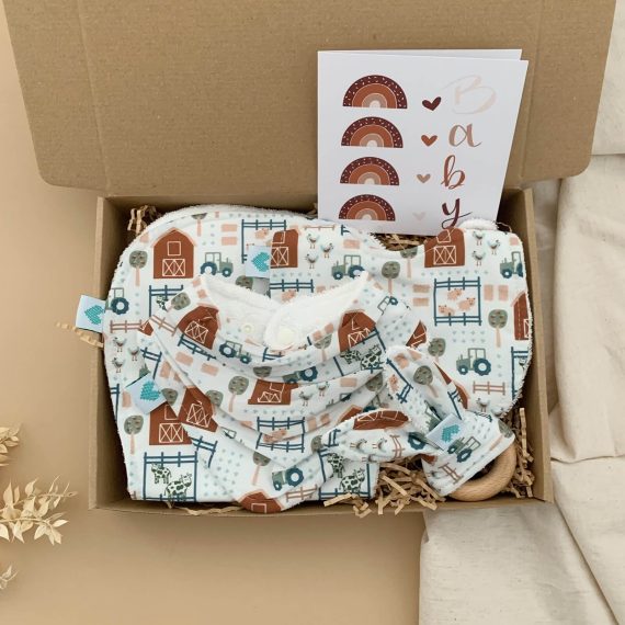 baby sprinkle gift hamper in farm print